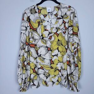 Cabi Womens Size Small Pullover Blouse Green White Floral Long Sleeves Flowy
